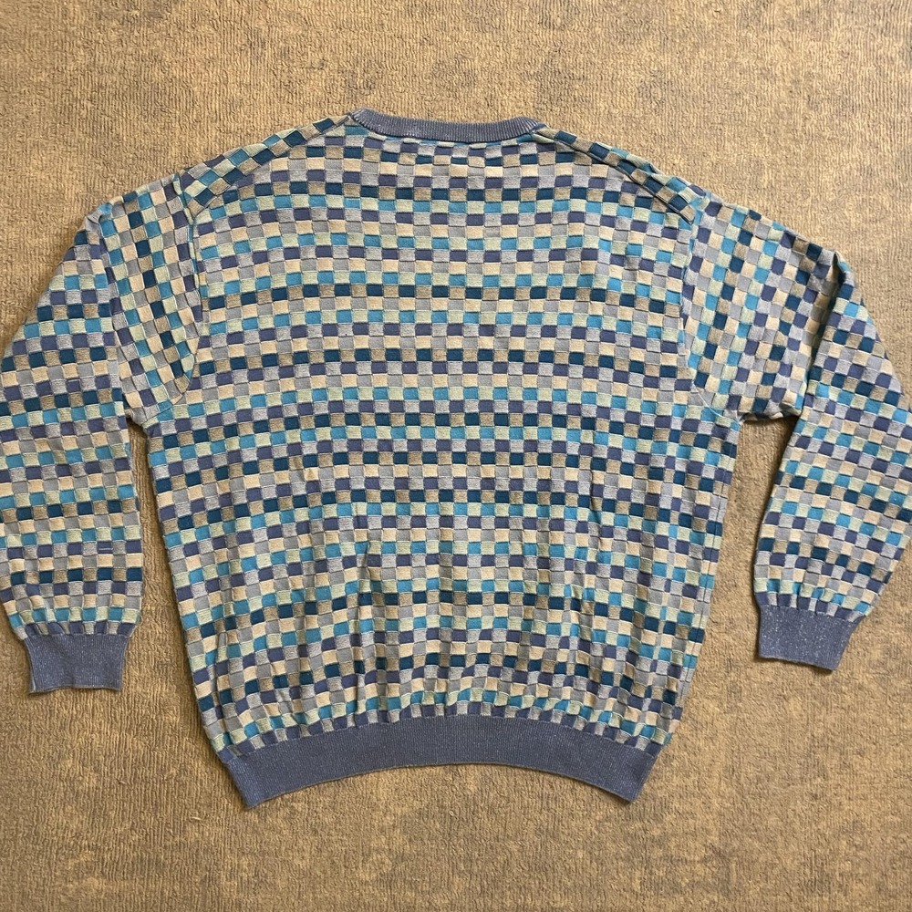 Vtg Tricots St Raphael Sweater Mens XL Blue Geometric Checkerboard 100% Cotton - Picture 9 of 12